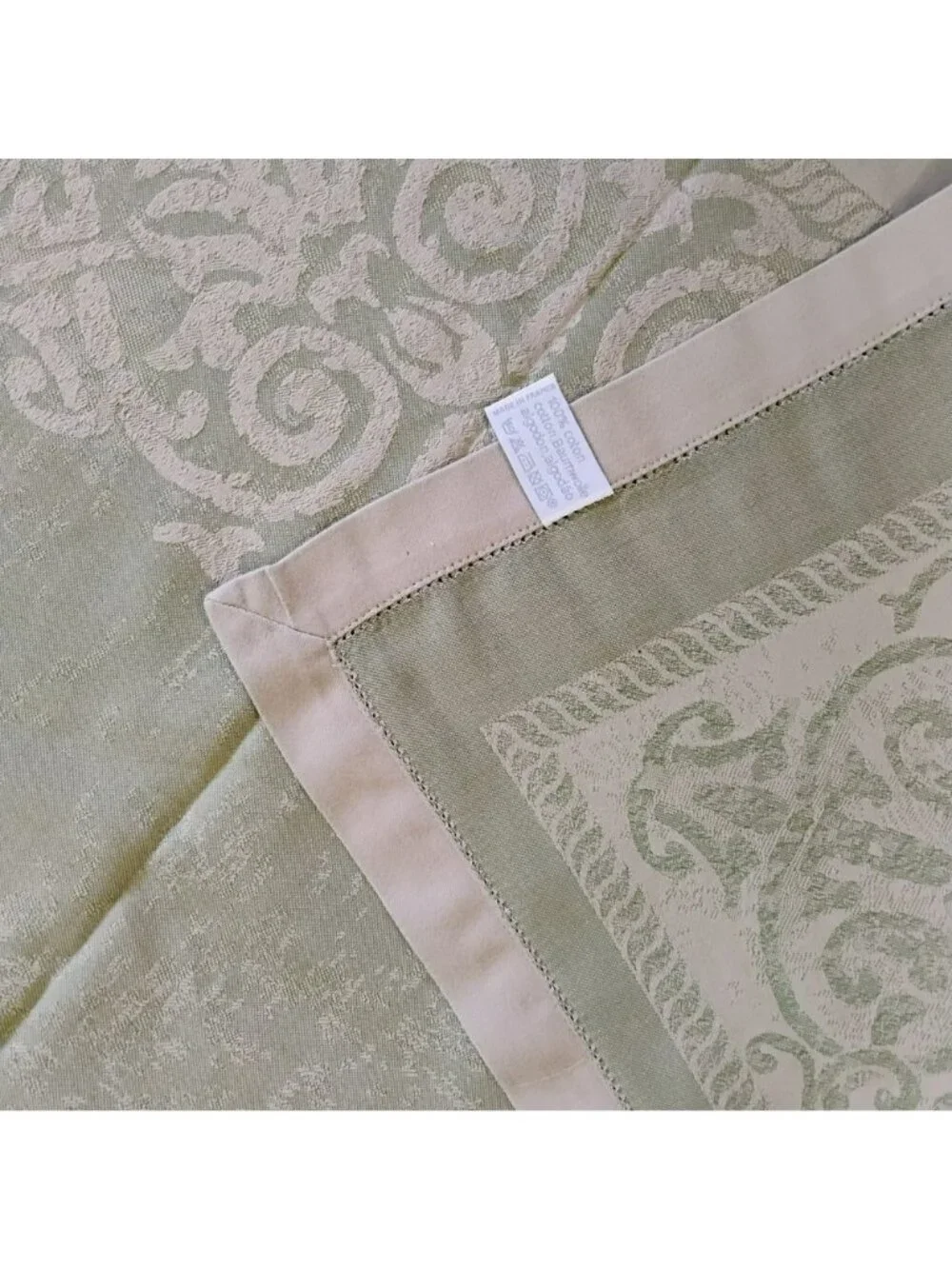 Vintage Yves Delorme Paris French Cotton Jacquard Tablecloth 127x68 Sage Green